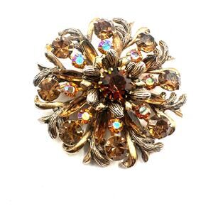 Selini Vintage Brooch Round 1950s AB Glass Signed Statement Pin Classic Jewelry